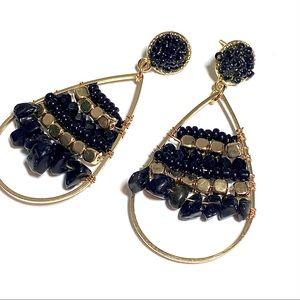 2/$35🖤 Anthropologie Genuine Black Agate Beaded Gold Teardrop Dangle Ear…